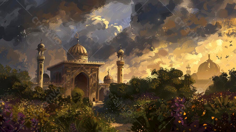 Mesquita islâmica clássica em jardim exuberante ao entardecer