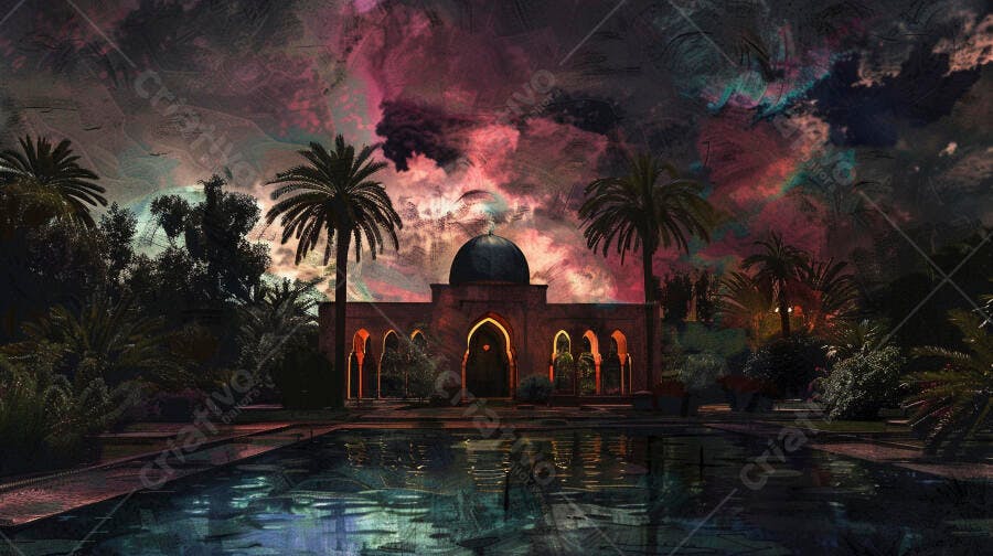 Mesquita palácio com palmeiras e céu místico refletido na água à noite