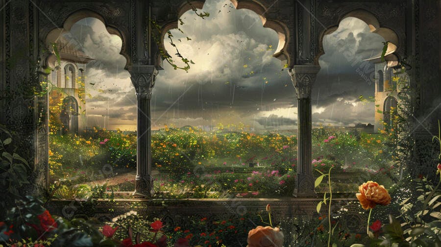 Jardim exuberante com arcos antigos sob céu tempestuoso e raios de sol