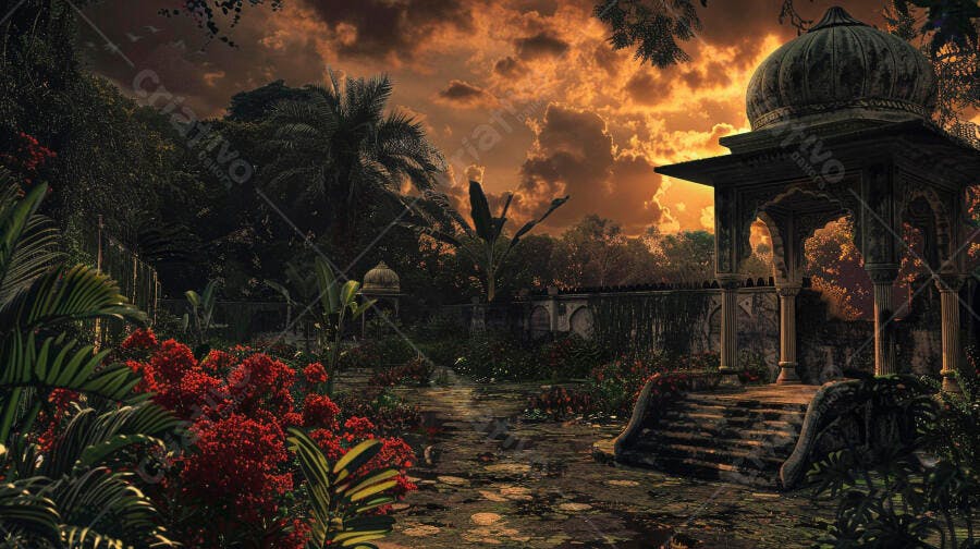 Pavilhão indiano antigo em jardim tropical ao pôr do sol alaranjado