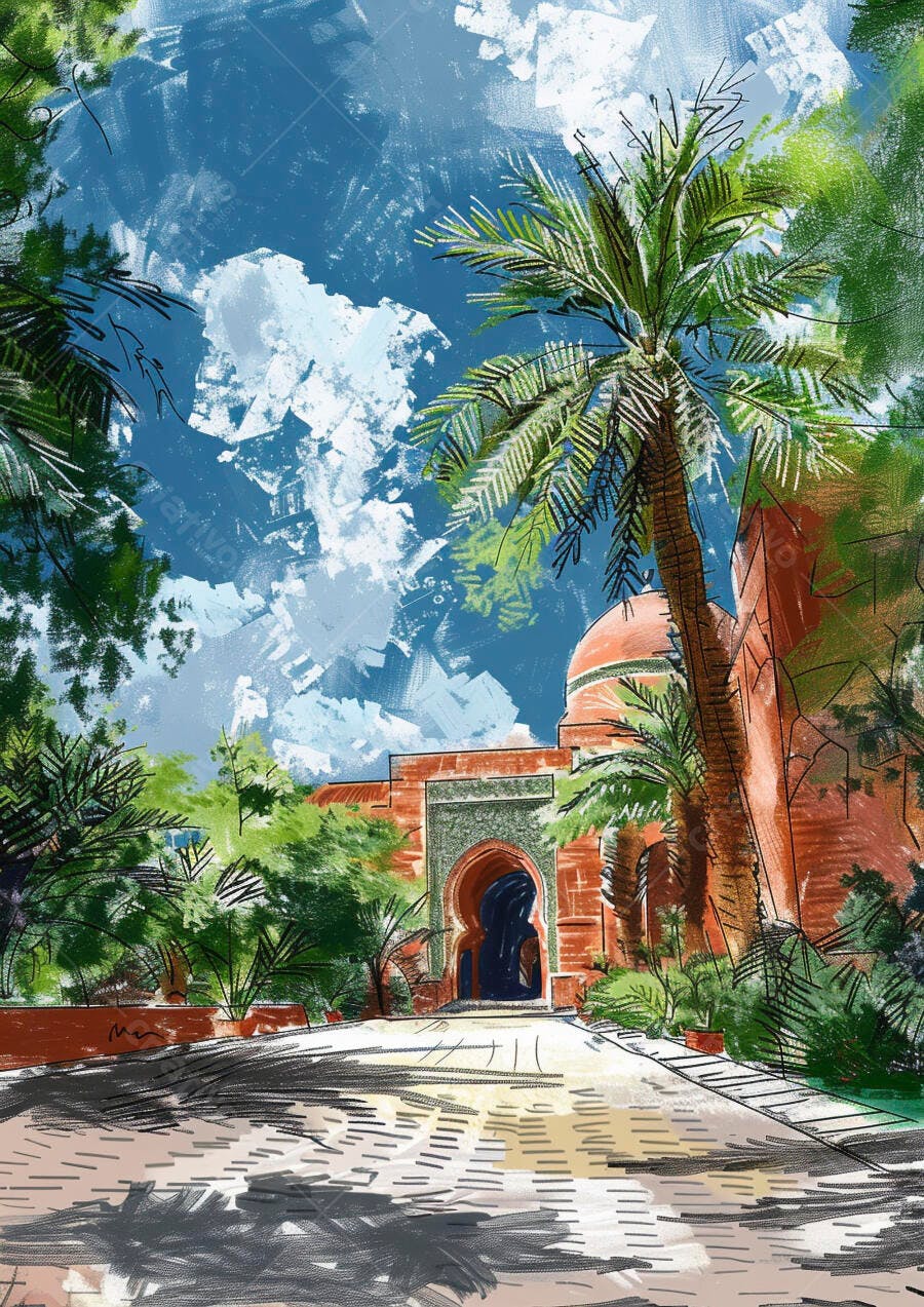 Arquitetura marroquina com portão azul e palmeiras sob céu vibrante em pintura digital