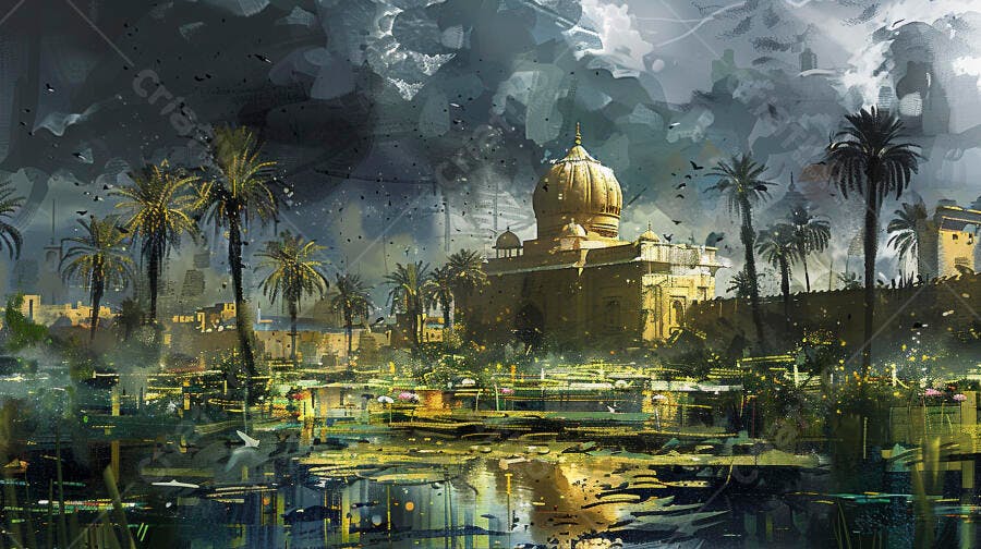 Templo dourado em paisagem exótica com palmeiras refletido na água