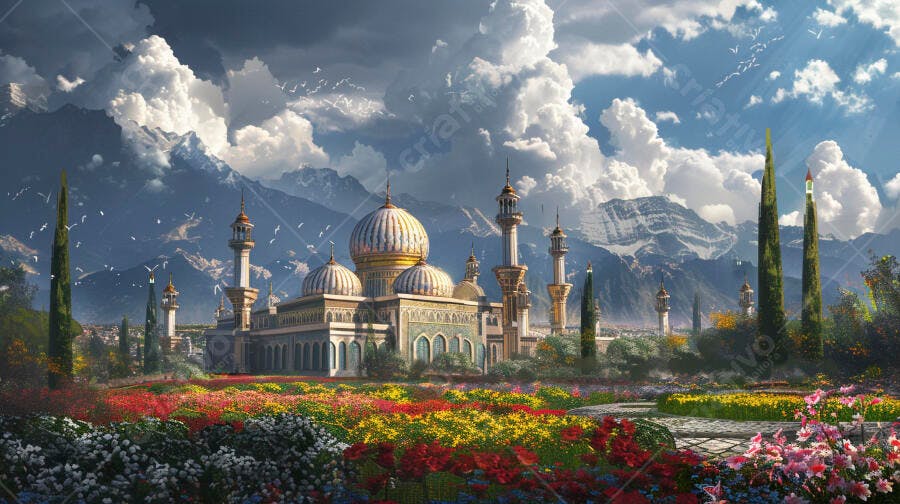 Mesquita imponente entre campos de flores e montanhas nevadas ao entardecer