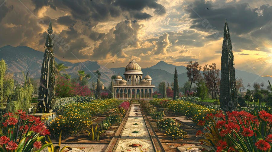 Palácio majestoso em jardim indiano ao pôr do sol com montanhas e flores