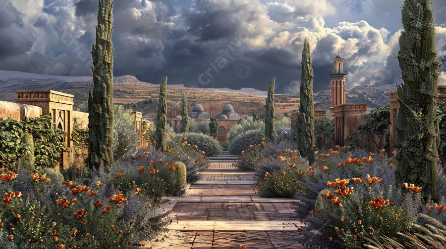 Jardim antigo com ciprestes e flores sob céu dramático