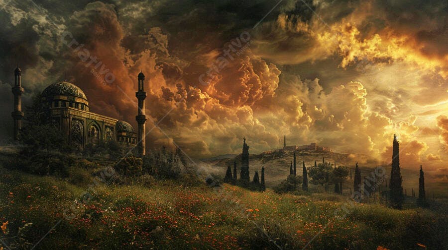 Mesquita antiga em campo florido sob céus dramáticos ao pôr do sol
