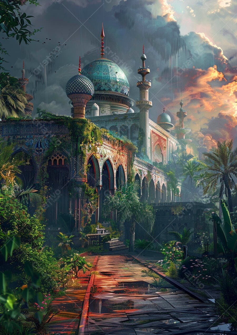 Mesquita antiga coberta por vegetação luxuriante sob céu dramático ao entardecer