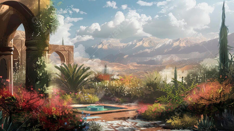 Jardim exótico em ruína antiga com montanhas distantes e céu azul