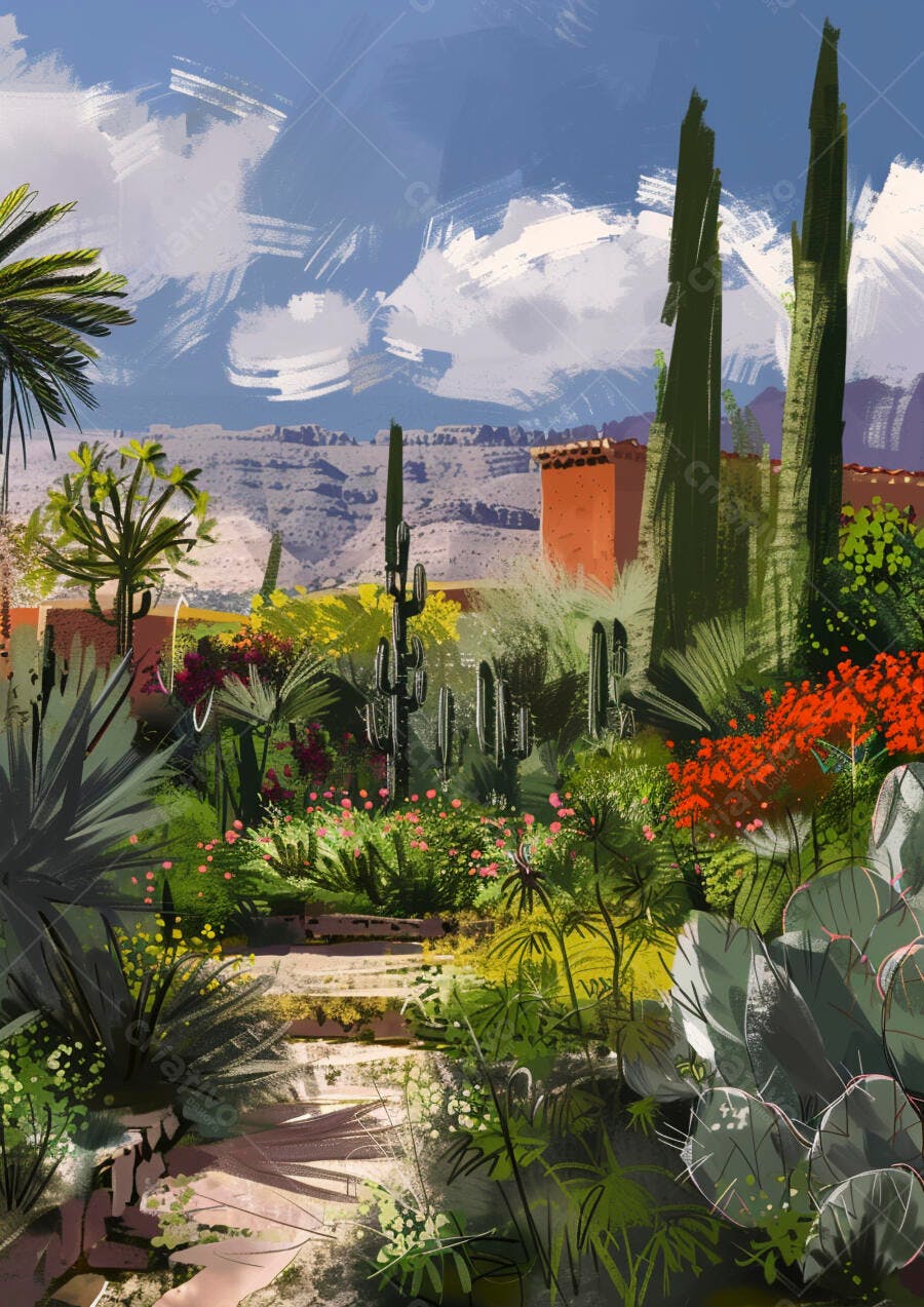 Ilustração jardim desértico vibrante com cactos e flores coloridas