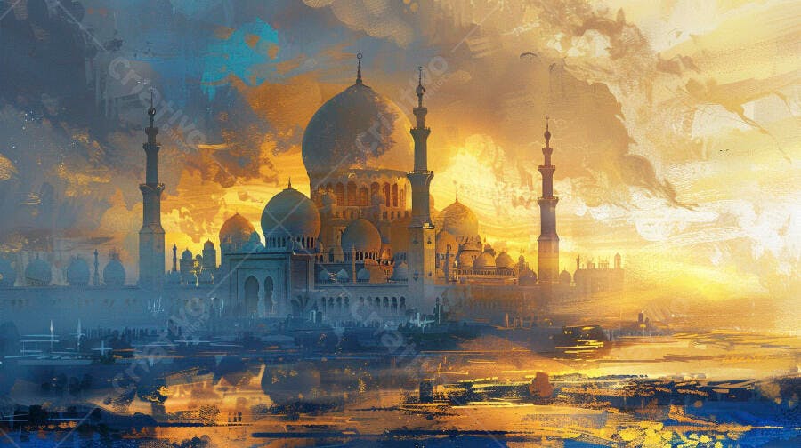 Mesquita árabe com domos e minaretes dourados ao pôr do sol