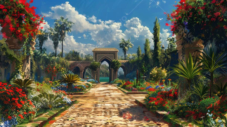 Jardim exótico com arquibancadas mouriscas e flores vermelhas abundantes
