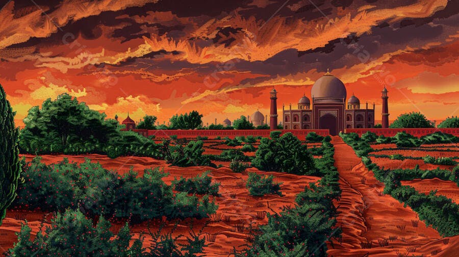 Taj Mahal em paisagem indiana ao pôr do sol ilustração colorida