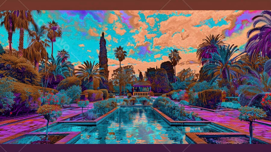 Jardim exótico vibrante com lago turquesa e palmeiras surreal colorido