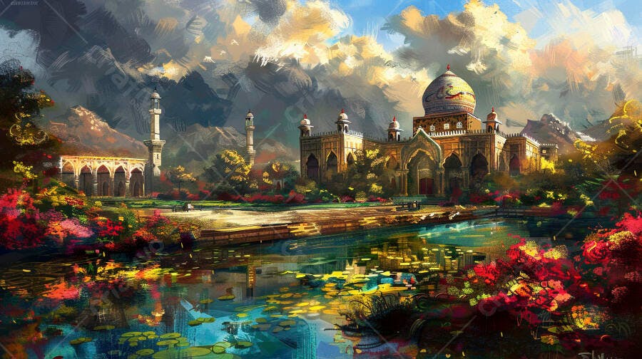Templo ou mesquita dourada em jardim vibrante com lago refletindo nuvens dramáticas