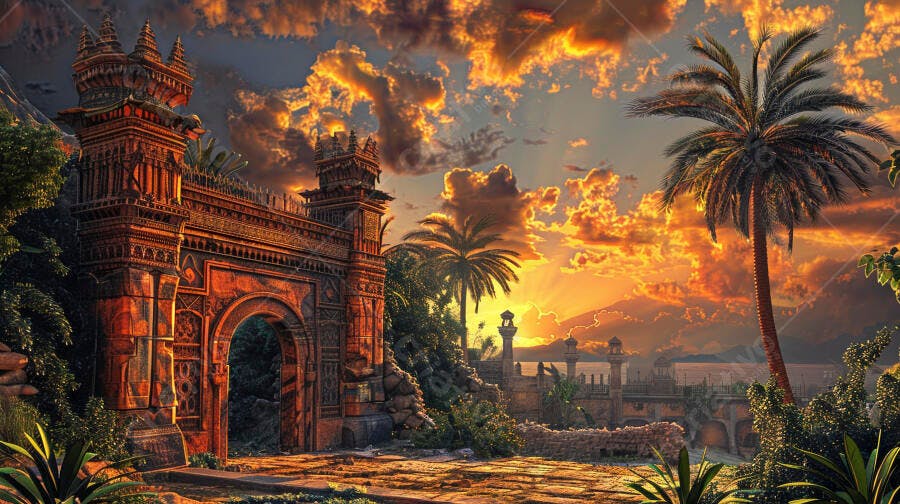 Portão de templo antigo ao pôr do sol em paisagem tropical exuberante