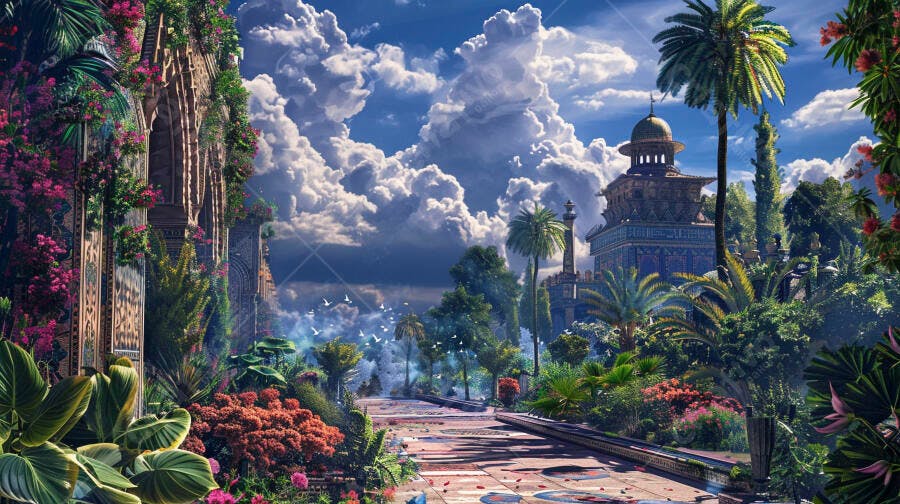 Jardim exuberante com arquitetura oriental e flores vibrantes sob céu azul dramático