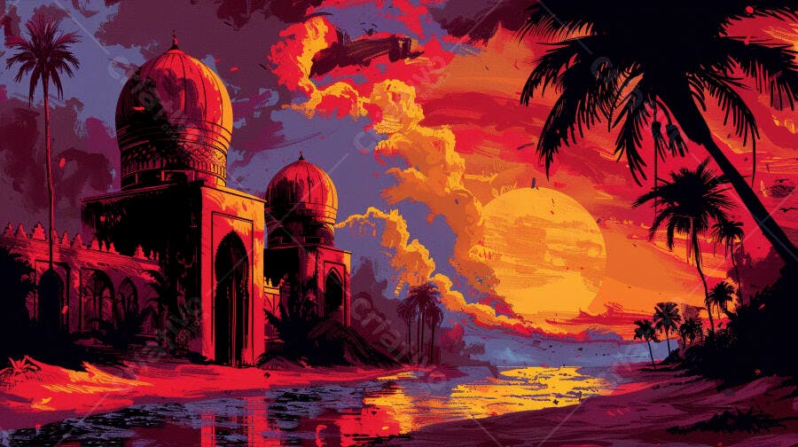 Templo exótico ao pôr do sol com palmeiras e céu vibrante