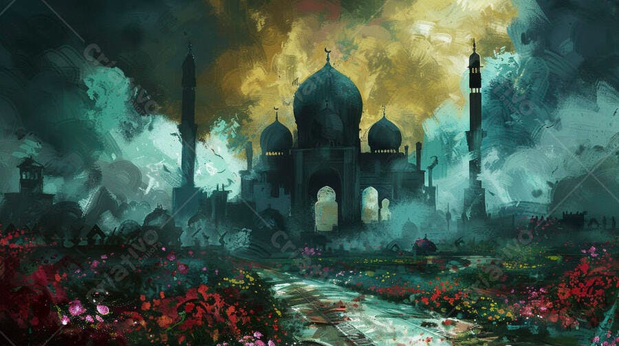 Mesquita ou palácio indiano azul e dourado com jardim colorido vibrante arte digital