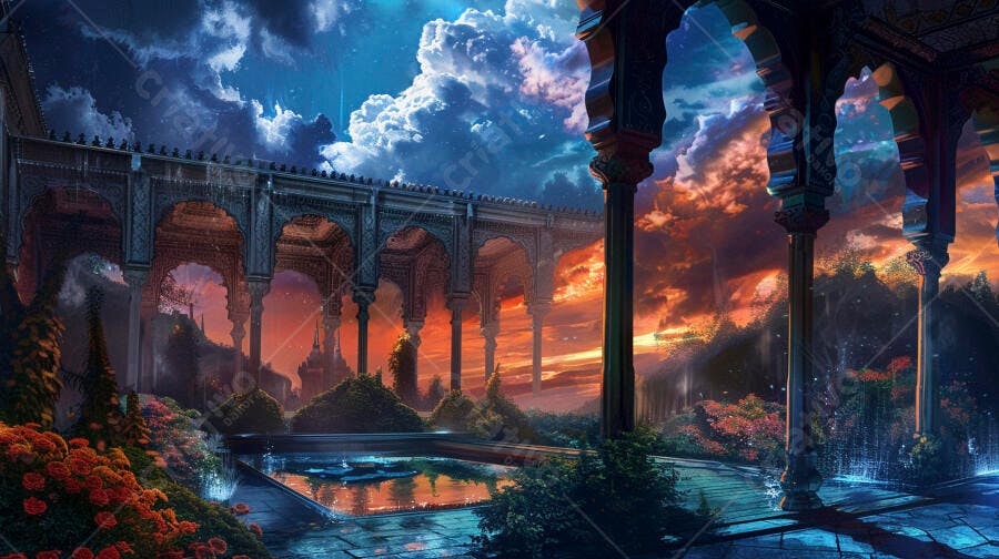 Palácio árabe jardim exótico com céu azul e pôr do sol laranja irreal