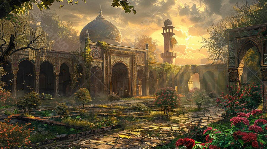Mesquita antiga com minarete em jardim exuberante ao pôr do sol dourado