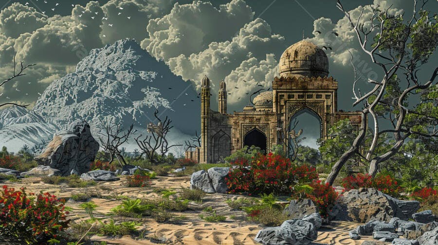 Templo antigo em paisagem árida com montanha e céu nublado