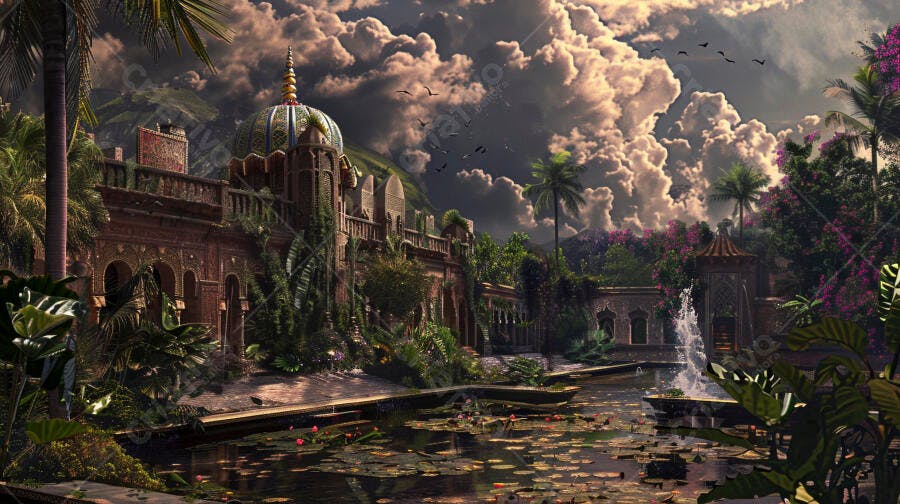 Palácio indiano com cúpula verde e dourada jardim tropical lago e fonte sob nuvens