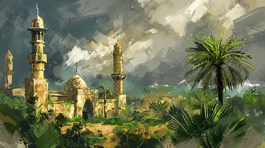 Mesquita minaretes dourados em paisagem vibrante de arte digital