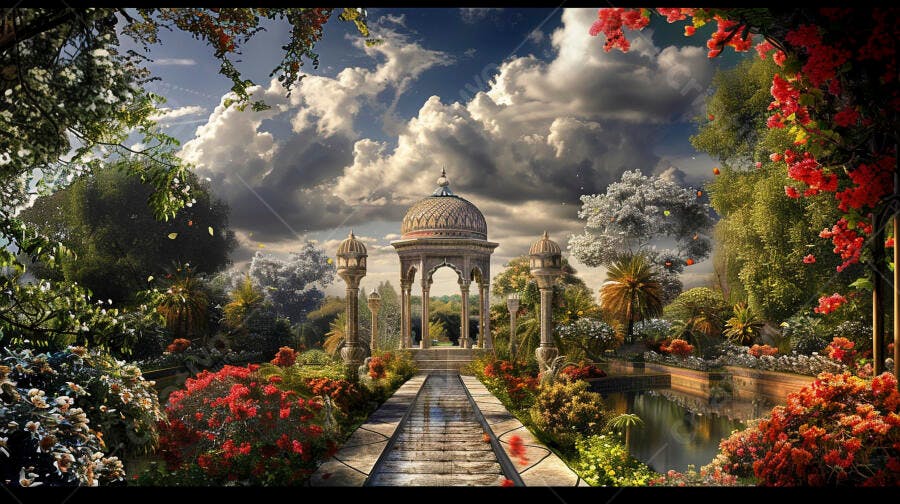 Pavilhão ornamentado em jardim exuberante com flores vermelhas e céu dramático