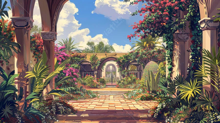Jardim mediterrâneo florido com arcos de pedra e bougainvillea rosa vibrante