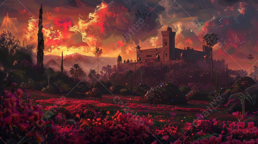 Palácio antigo em jardim exuberante com flores exóticas sob pôr do sol avermelhado