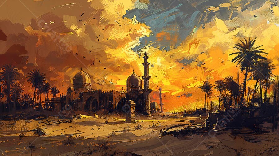 Mesquita e minarete no deserto ao pôr do sol com palmeiras vibrantes