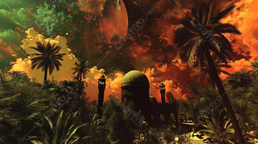 Mesquita em selva tropical com céu cósmico e planeta laranja dramático