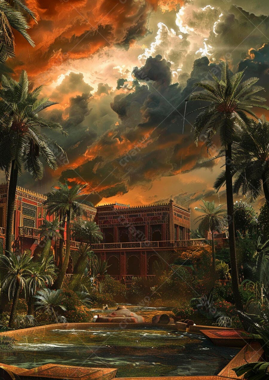 Palácio antigo entre palmeiras ao por do sol dramático