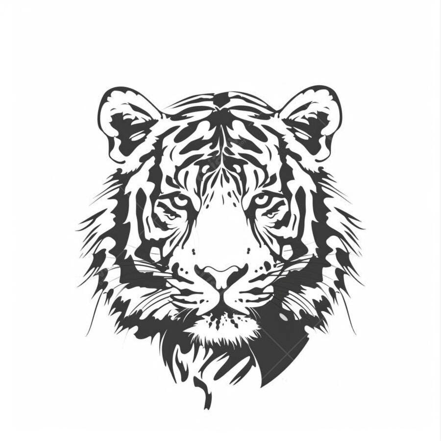 Desenho de cabeça de tigre preto e branco estilo tribal