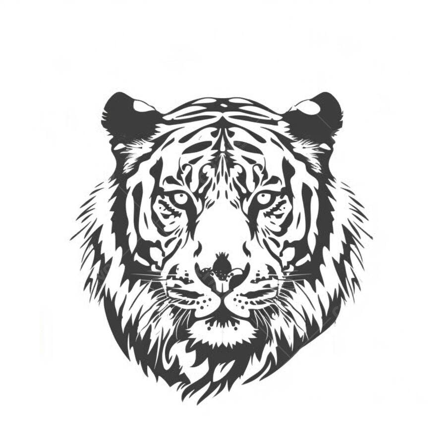 Cabeça de tigre estilizada em preto e branco ilustração gráfica