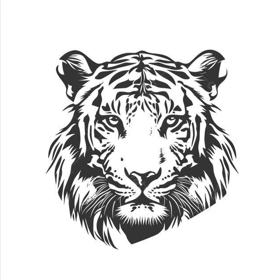 Tigre ilustração cabeça preto e branco com listras selvagens e olhar penetrante