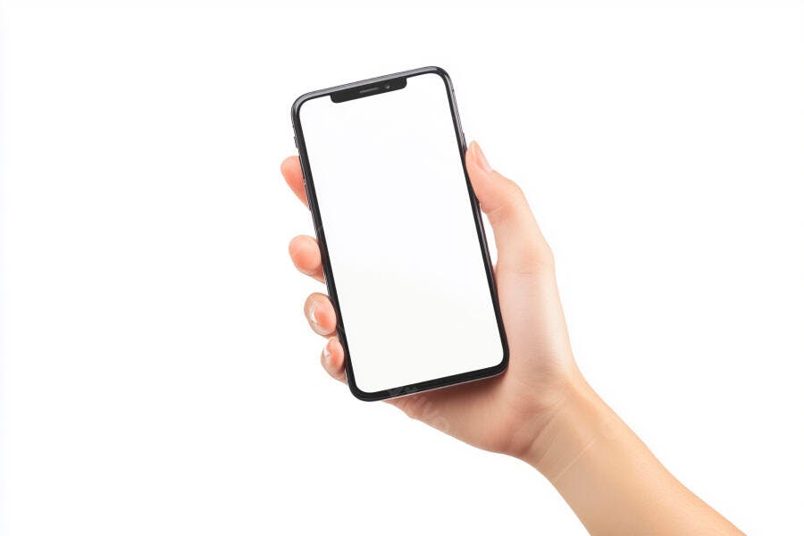 Mão feminina segurando smartphone preto com tela branca mockup