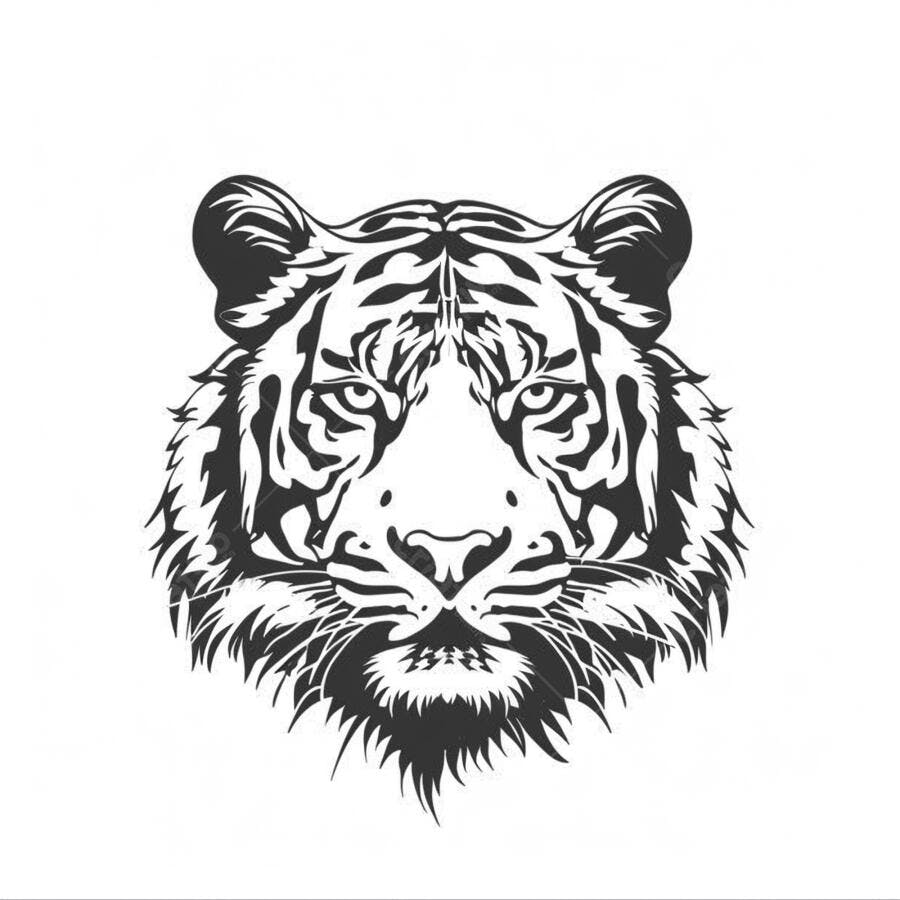 Cabeça de tigre ilustração preta e branca estilo tribal com olhar intenso
