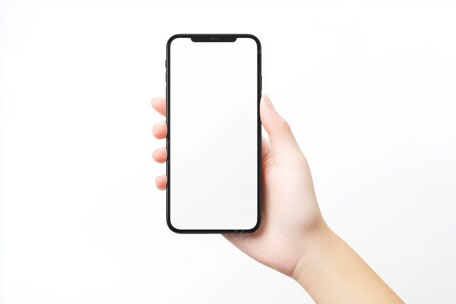 Mão segurando smartphone preto com tela branca em fundo isolado
