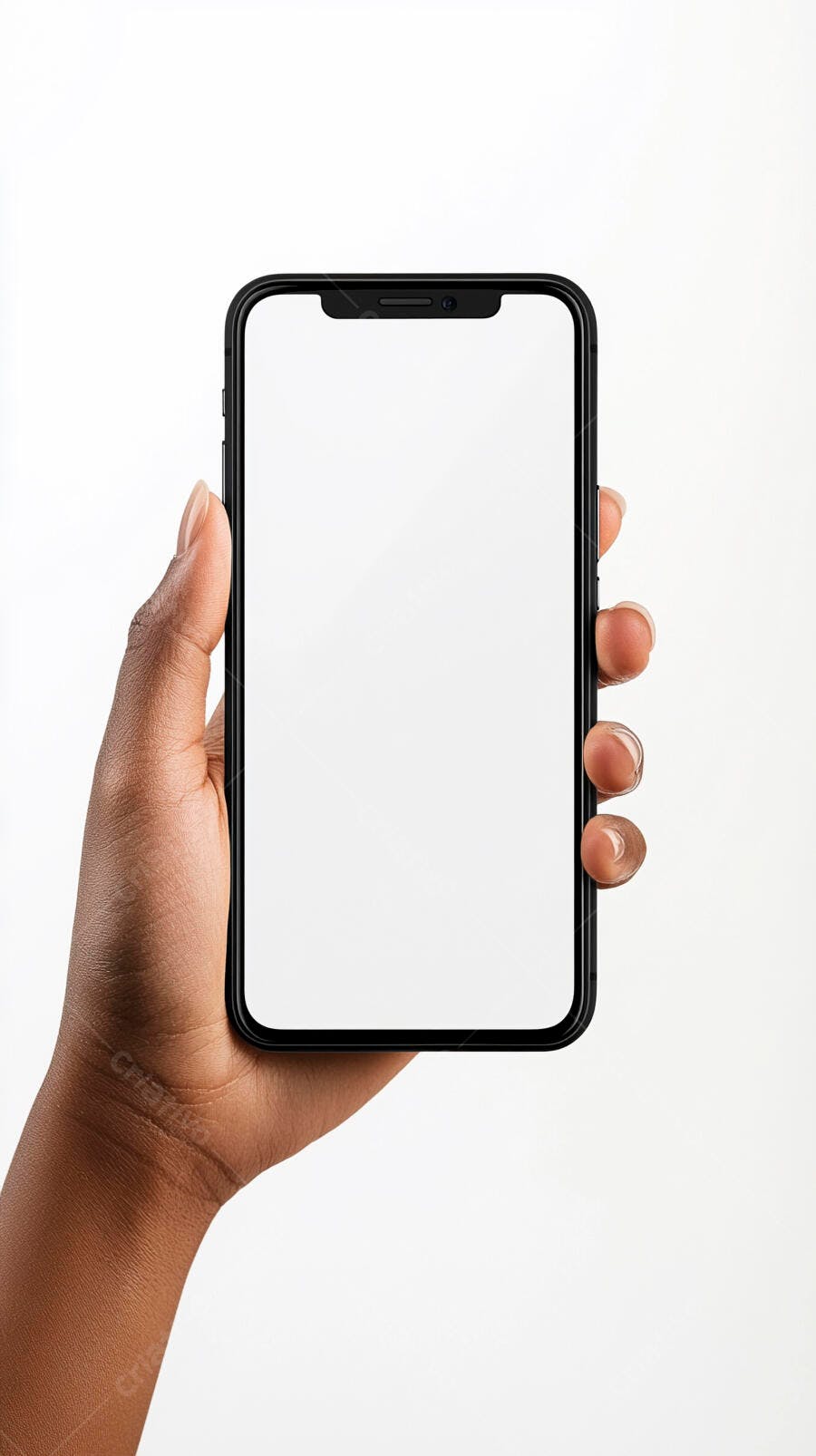 Mão de pele escura segurando smartphone preto com tela branca vazia