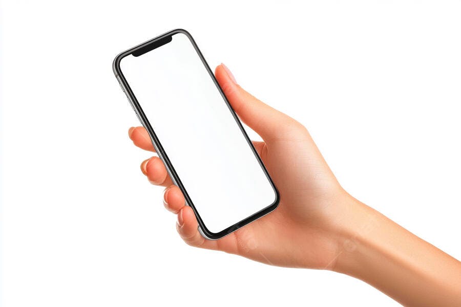 Mão feminina segurando smartphone moderno com tela branca isolado