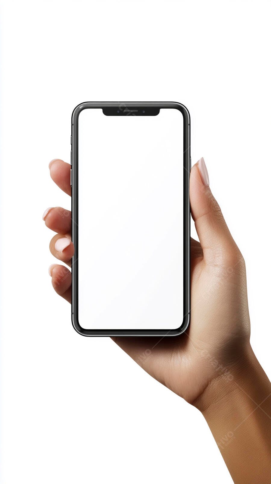 Mão feminina segurando celular tela em branco com fundo branco