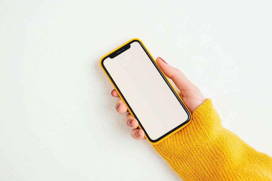 Mão feminina com suéter amarelo segurando smartphone de capa amarela tela branca