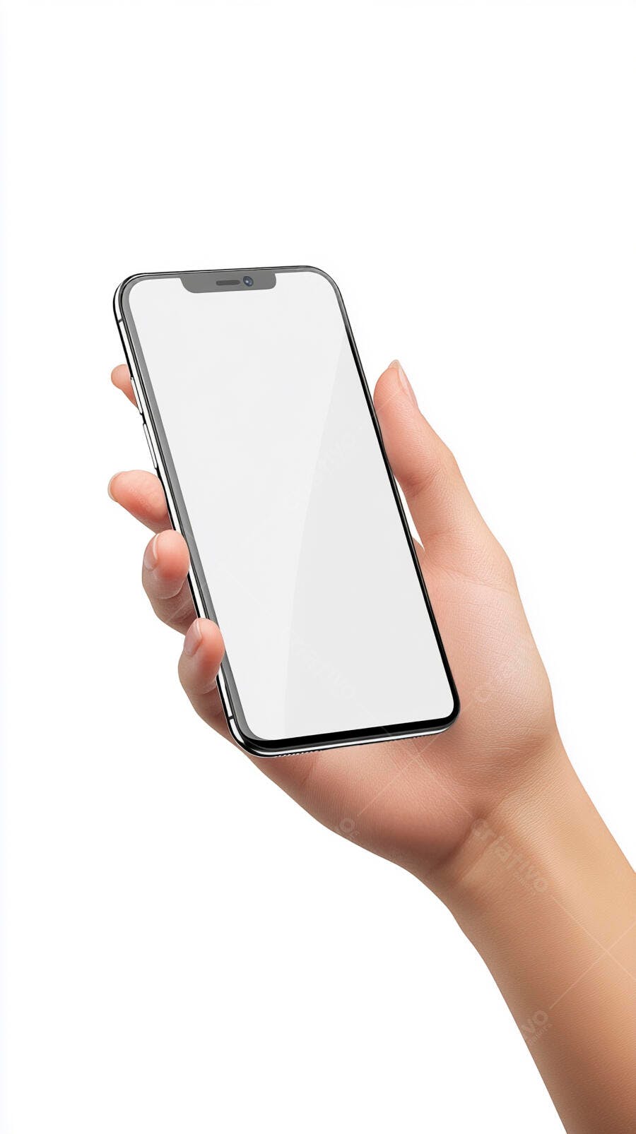 Mão segurando smartphone prateado com tela branca em fundo isolado