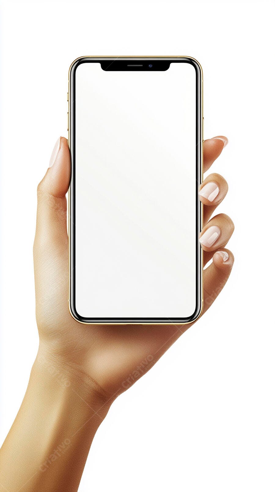 Mão feminina segurando smartphone dourado com tela branca isolado