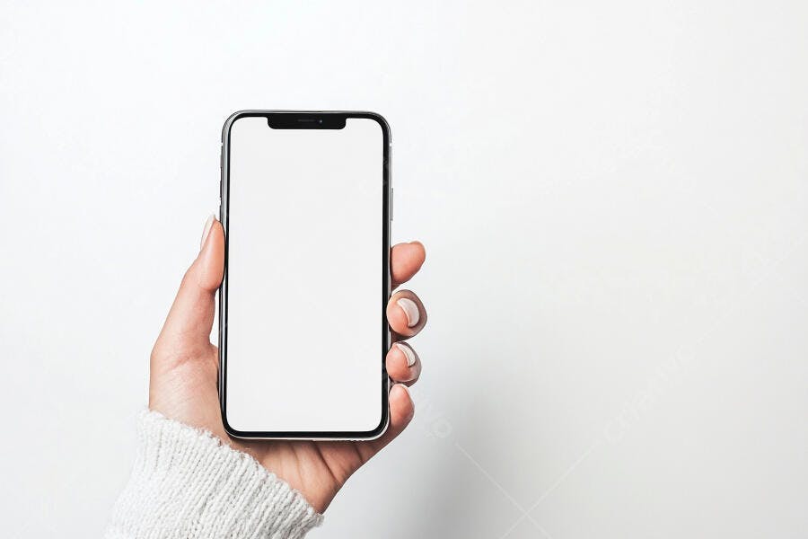 Mão feminina segurando smartphone moderno com tela branca em fundo limpo