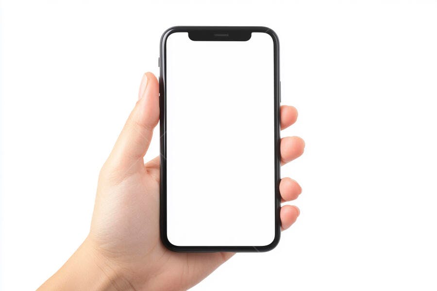Mão segurando smartphone preto com tela branca em fundo isolado