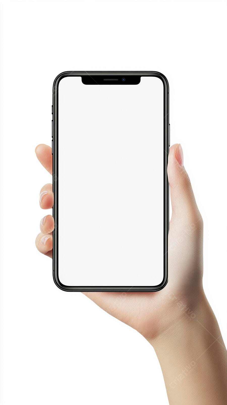Mão segurando smartphone moderno com tela branca mockup