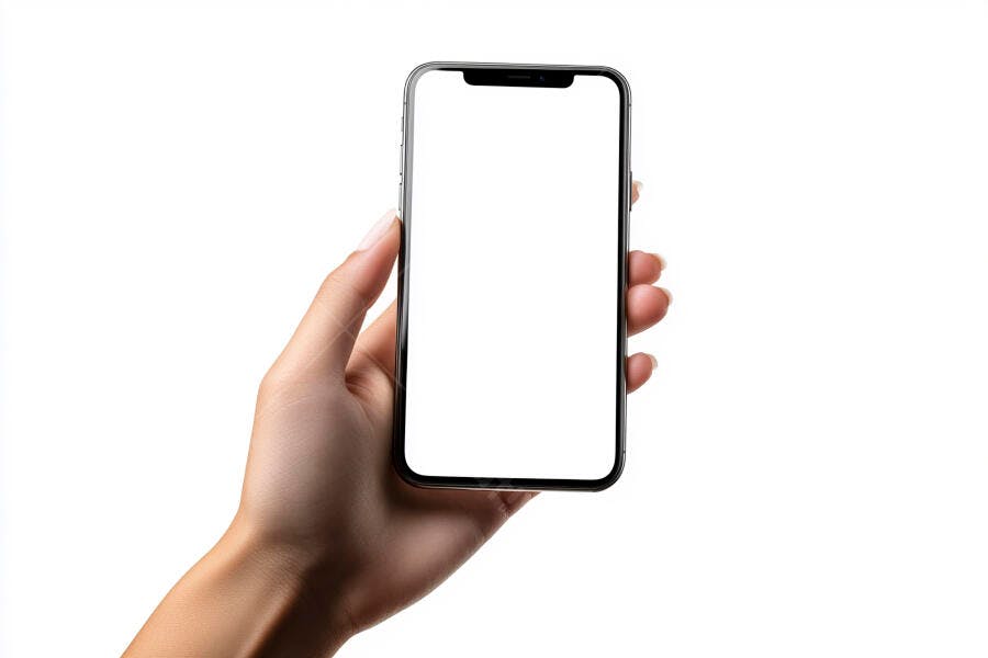 Mão feminina segura smartphone moderno com tela branca vazia isolado