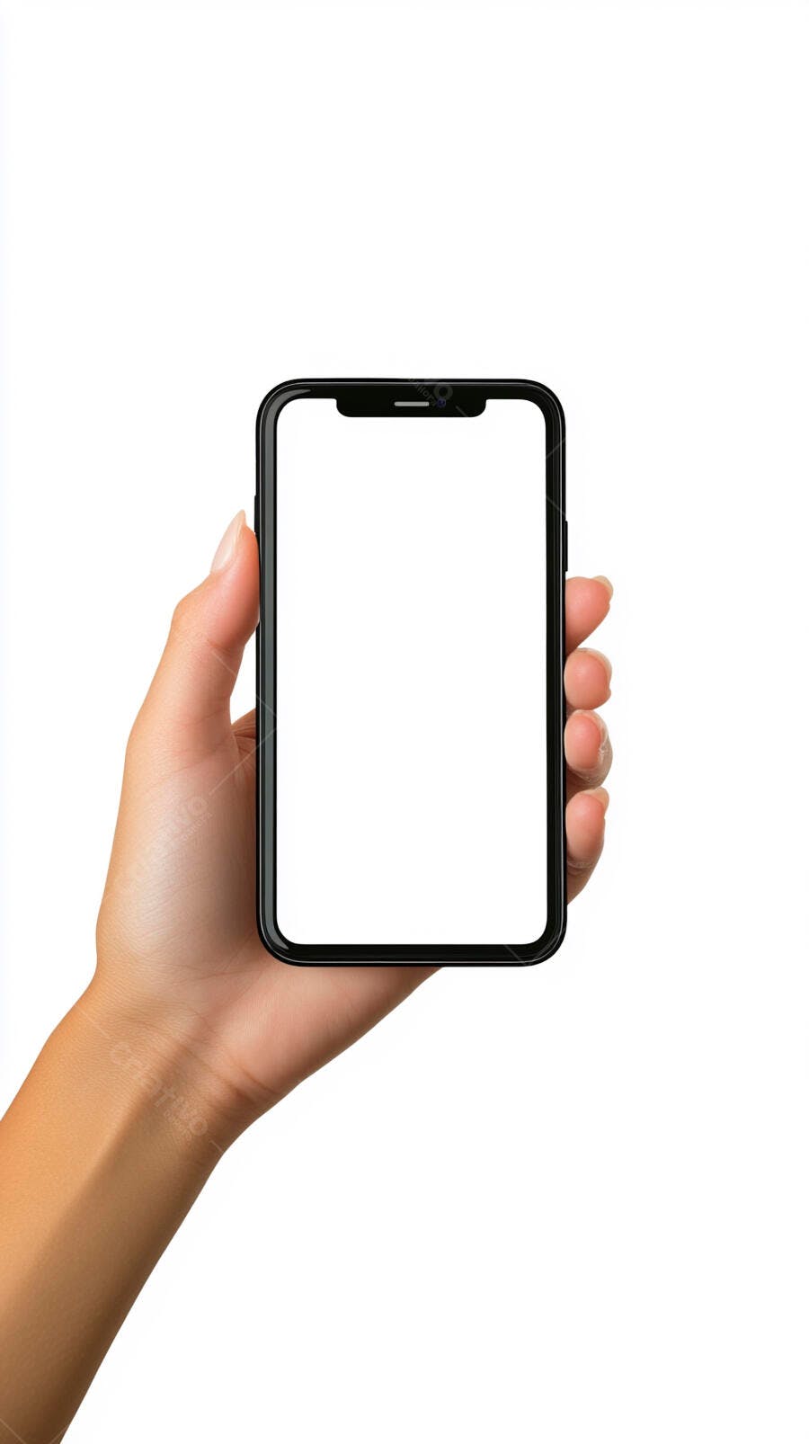 Mão segurando smartphone preto com tela branca vazia em fundo isolado